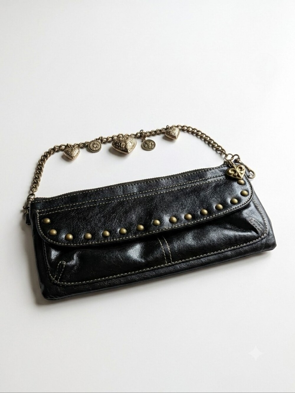 NWOT Kathy Van Zeeland Black Faux Leather Studded Bag Charm Strap Y2K